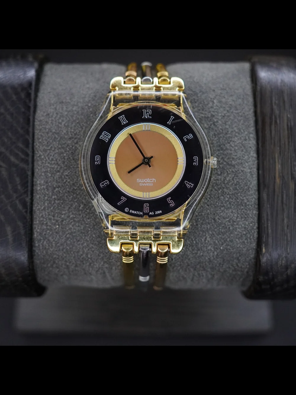 Vintage Swatch Swiss Quartz Transparent Gold Tone Black Dial Ladies Watch Runs